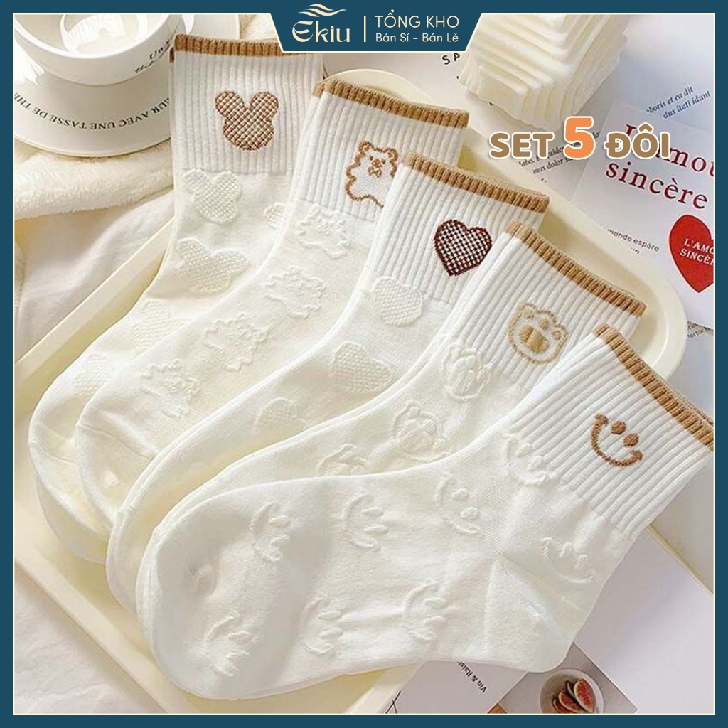 Tất vứ nữ màu trắng set 5 đôi cổ cao họa tiết thêu tinh tế, chất liệu cotton co giãn thoáng khí - Ekiu Shop