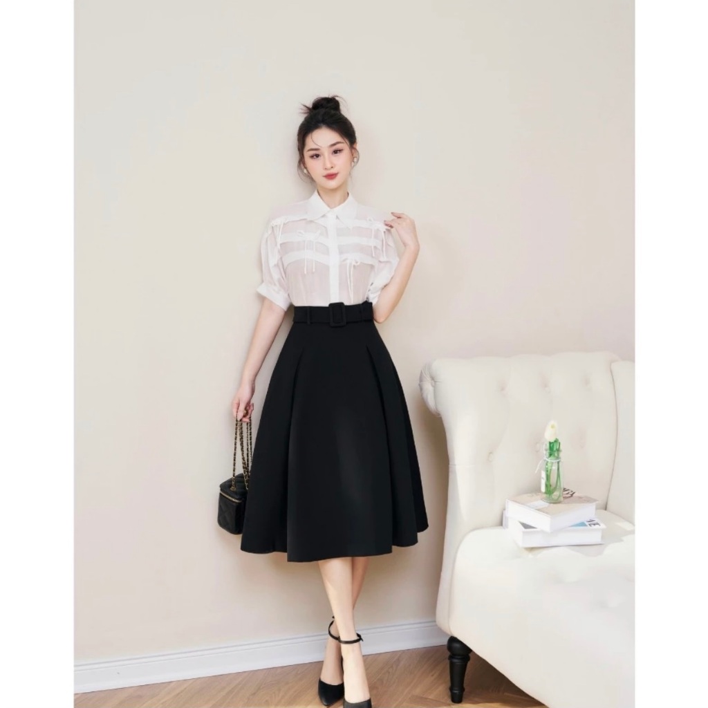 Chân váy Xòe 70cm Phối Đai Siêu Xinh Cho Các Nàng-Chất Liệu Vitex-Váy May 1 Lớp-Chân Váy Công Sở