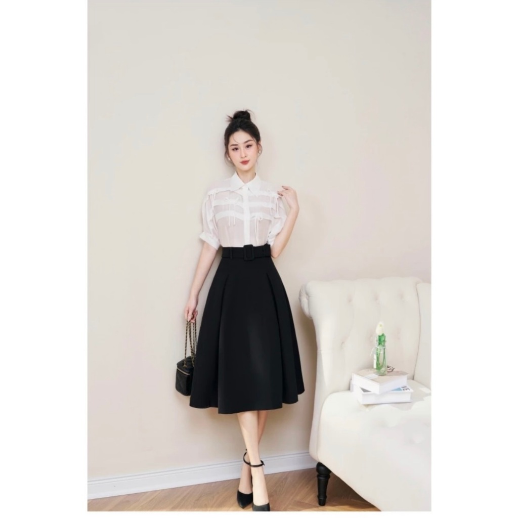 Chân váy Xòe 70cm Phối Đai Siêu Xinh Cho Các Nàng-Chất Liệu Vitex-Váy May 1 Lớp-Chân Váy Công Sở