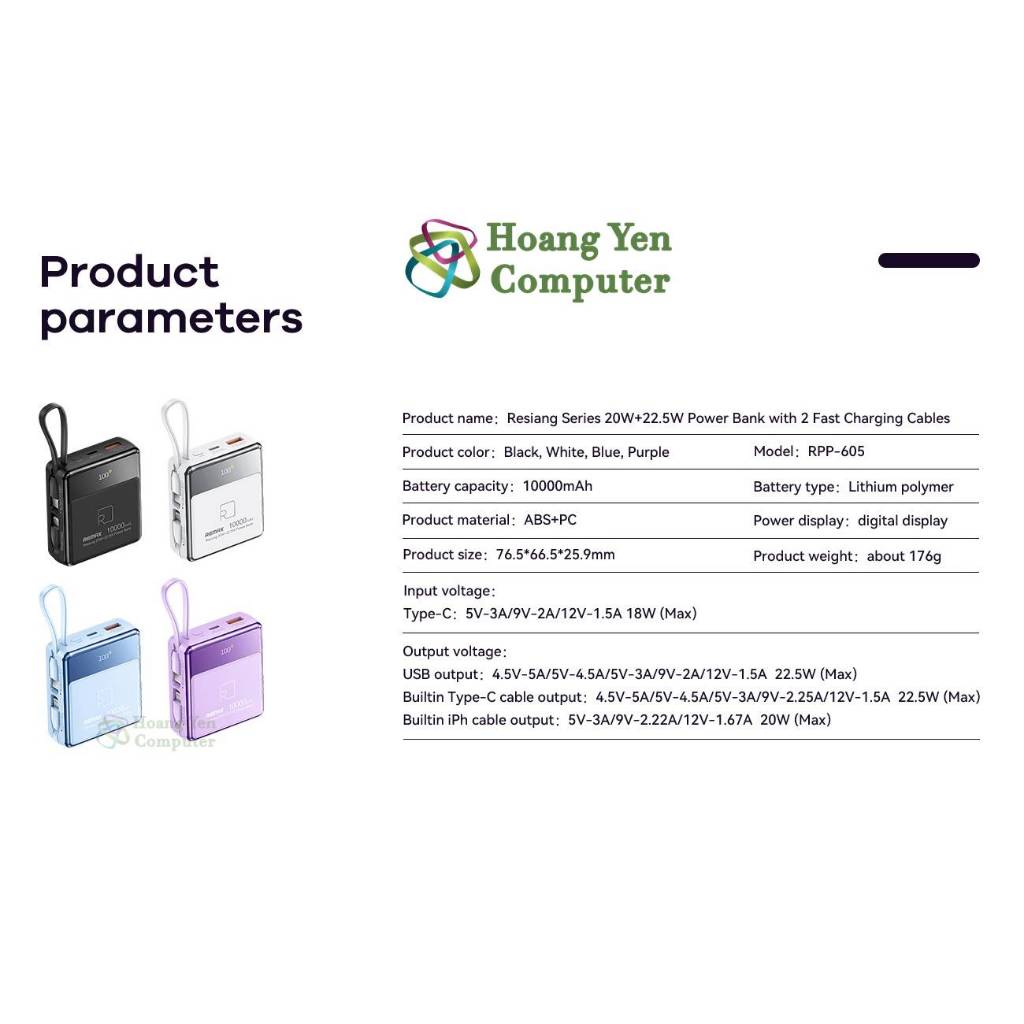 Sạc Dự Phòng Mini Remax RPP-605 10000Mah (Sạc Nhanh QC3.0, VOOC 2.0, PD20W), Tích Hợp Cáp Sạc - BH 1 Năm