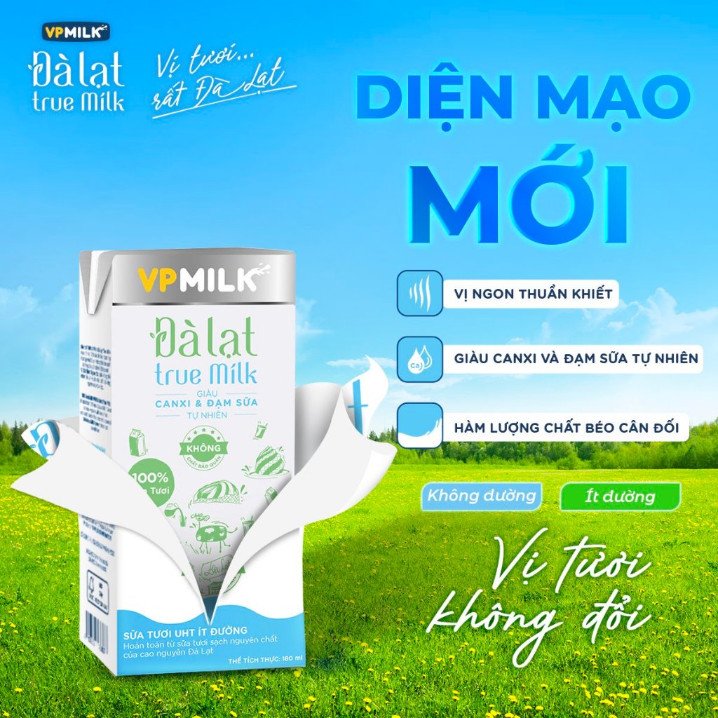 Ảnh Sữa tươi UHT Đà Lạt True Milk VPMilk không đường hộp 180ml (thùng 48 hộp) 3