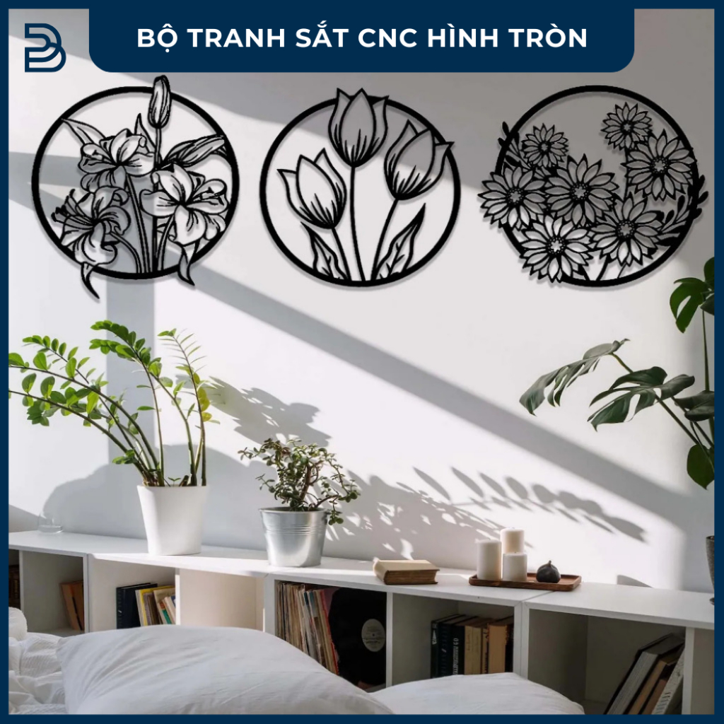 Tranh sắt CNC B10 | Bộ tranh sắt "Vòng hoa cách điệu", Treo tường nghệ thuật, Decor trang trí nội thất
