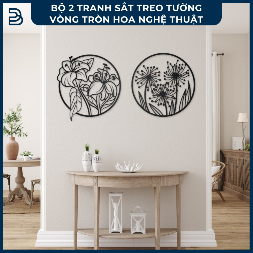 Tranh sắt CNC A03 | Bộ tranh sắt "Vòng tròn hoa xuân", Treo tường nghệ thuật, Decor trang trí nội thất