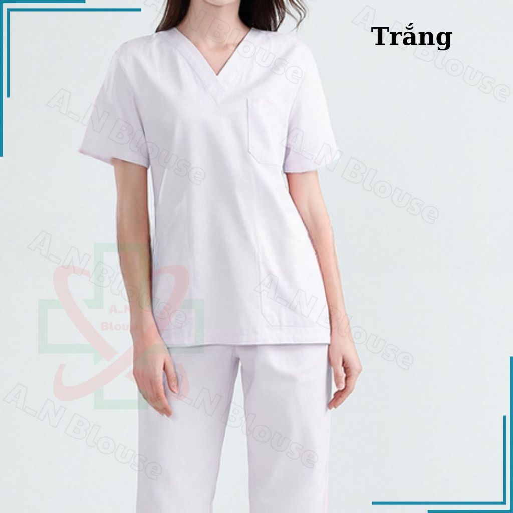 Bộ Scrubs Cotton Hàn - TRẮNG - đồng phục kỹ thuật viên phục vụ bệnh viện, phòng khám, spa, thẩm mỹ viện