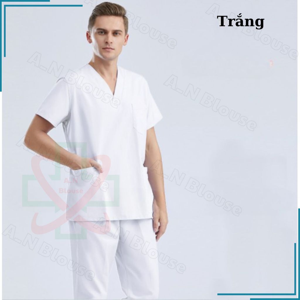 Bộ Scrubs Cotton Hàn - TRẮNG - đồng phục kỹ thuật viên phục vụ bệnh viện, phòng khám, spa, thẩm mỹ viện