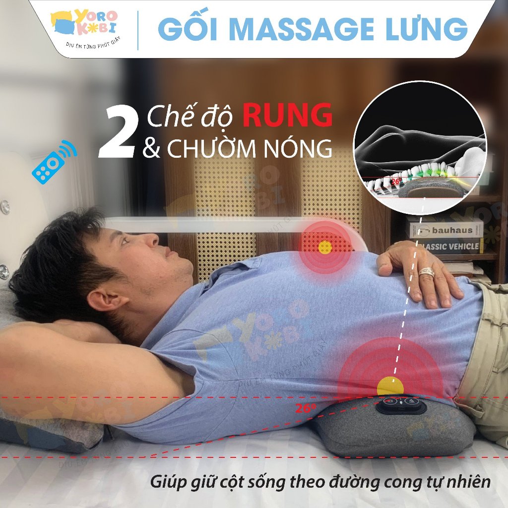 Gối kê lưng massage chườm nóng YOROKOBI, giúp giảm đau lưng thoát vị đĩa đệm, cao su non nguyên khối
