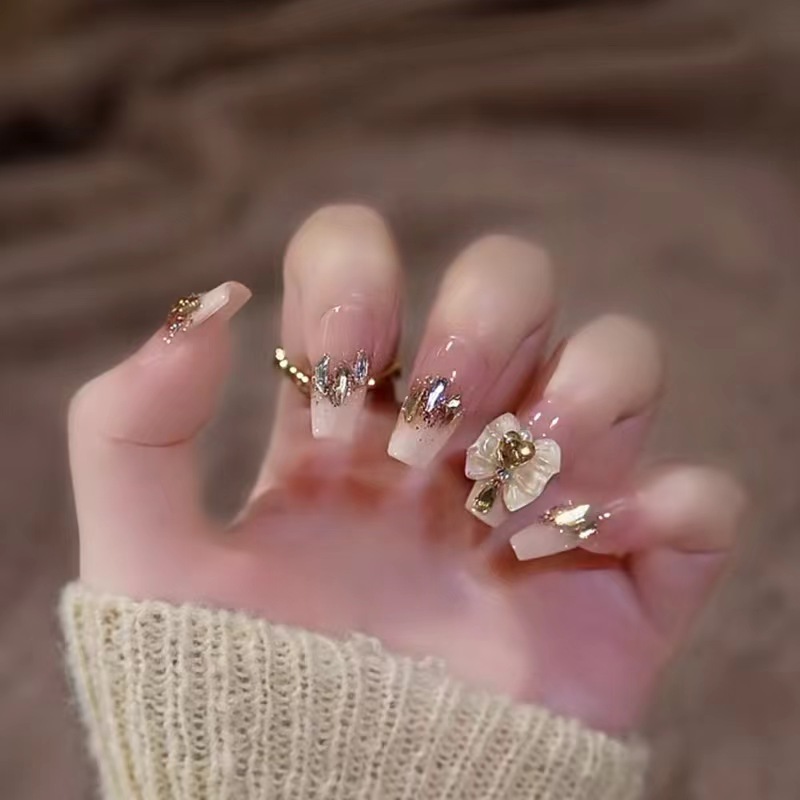 Móng giả, hộp 24 móng tay giả đính charm nơ, gấu với nhiều họa tiết khác nhau| Tặng kèm keo