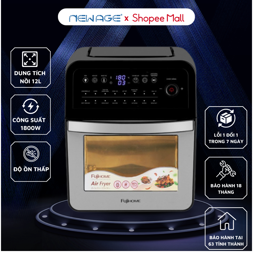 Nồi Chiên Không Dầu 12 lít FujiHome A12D, công suất 1800W, điều khiển điện tử, phủ inox cho thức ăn không bám mùi nhựa