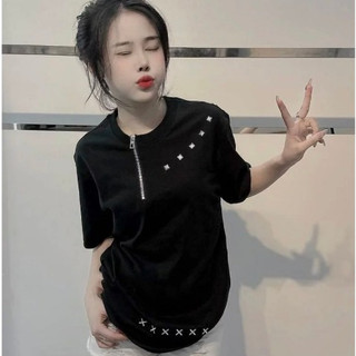 Áo Phông Đính Đá Vuông Khóa Kéo Cổ Chất Liệu Cotton Hotrend - Áo Thun Nam Nữ Fom Rộng Dáng Đẹp Thời Trang Nữ Unisex