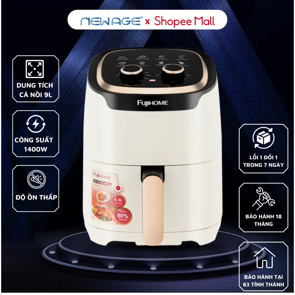 Nồi chiên không dầu 4,5 lít Fujihome A4EB, công suất 1400W đa chức năng, lòng nồi phủ chống dính, BH toàn quốc 18 tháng