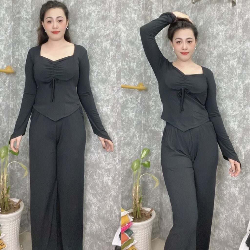 Set Đồ Nữ Đẹp Sang Chảnh Bigsize ESHOP Đồ Bộ Nữ Mặc Nhà Tay Dài Quần Ống Rộng Đẹp Xinh Thun Tăm Lạnh Co Giãn DB168