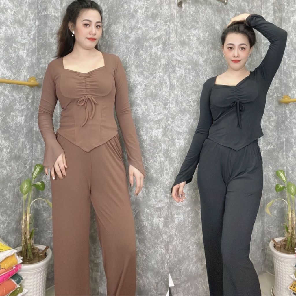 Set Đồ Nữ Đẹp Sang Chảnh Bigsize ESHOP Đồ Bộ Nữ Mặc Nhà Tay Dài Quần Ống Rộng Đẹp Xinh Thun Tăm Lạnh Co Giãn DB168