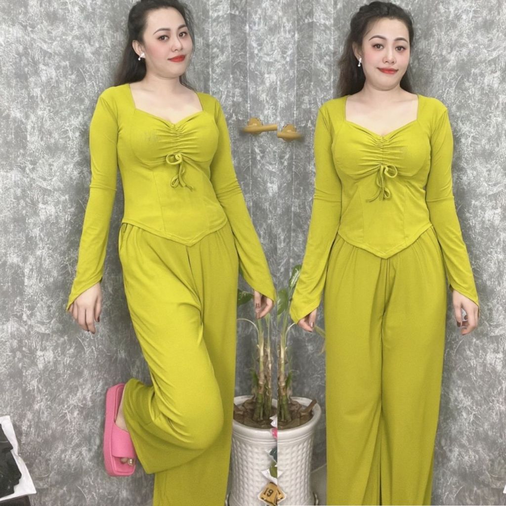 Set Đồ Nữ Đẹp Sang Chảnh Bigsize ESHOP Đồ Bộ Nữ Mặc Nhà Tay Dài Quần Ống Rộng Đẹp Xinh Thun Tăm Lạnh Co Giãn DB168