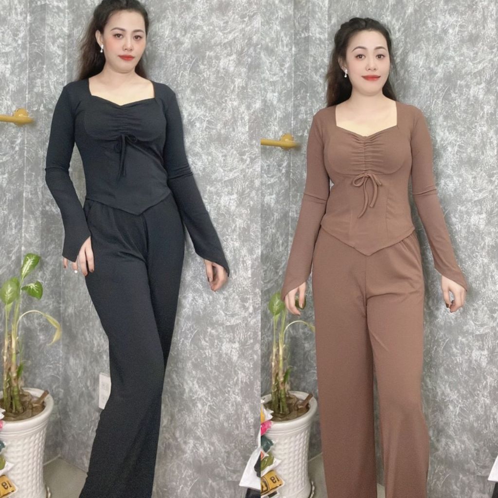 Set Đồ Nữ Đẹp Sang Chảnh Bigsize ESHOP Đồ Bộ Nữ Mặc Nhà Tay Dài Quần Ống Rộng Đẹp Xinh Thun Tăm Lạnh Co Giãn DB168