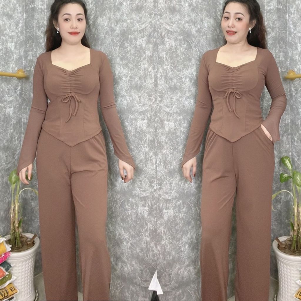 Set Đồ Nữ Đẹp Sang Chảnh Bigsize ESHOP Đồ Bộ Nữ Mặc Nhà Tay Dài Quần Ống Rộng Đẹp Xinh Thun Tăm Lạnh Co Giãn DB168