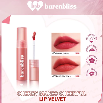 Son Kem Lì Như Nhung Hàn Quốc barenbliss Chính Hãng Mịn Môi Không Trôi Chống Nước Cherry Lip Velvet 2.5g