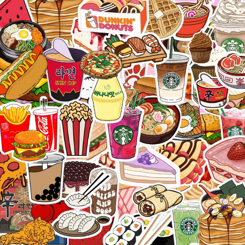100 sticker mini chủ đề thức ăn nhanh đồ uống nhiều màu dùng trang trí