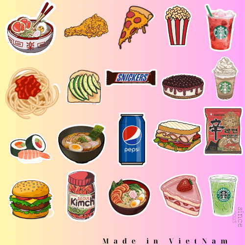 100 sticker mini chủ đề thức ăn nhanh đồ uống nhiều màu dùng trang trí