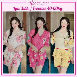 Đồ ngủ nữ 40-60kg, pijama đùi ngắn tay lỡ bèo 2 nơ lụa xước mềm mát 60CC17, đồ bộ nữ đồ mặc nhà tiểu thư dễ thương