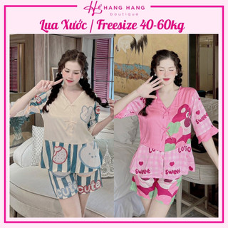 Đồ ngủ nữ 40-60kg, pijama đùi ngắn tay lỡ bèo 2 nơ lụa xước mềm mát 60CC17, đồ bộ nữ đồ mặc nhà tiểu thư dễ thương