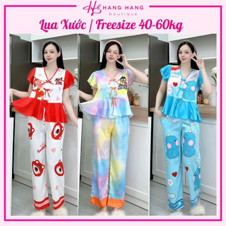 Đồ ngủ nữ 40-60kg, pijama dài cộc tay bèo dáng croptop lụa xước mềm mát 60CD16, đồ bộ nữ đồ mặc nhà tiểu thư dễ thương