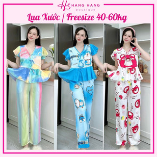 Đồ ngủ nữ 40-60kg, pijama dài cộc tay bèo dáng croptop lụa xước mềm mát 60CD16, đồ bộ nữ đồ mặc nhà tiểu thư dễ thương