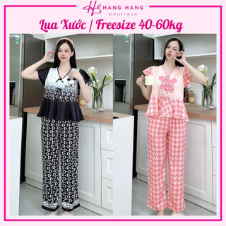 Đồ ngủ nữ 40-60kg, pijama dài cộc tay bèo dáng croptop lụa xước mềm mát 60CD16, đồ bộ nữ đồ mặc nhà tiểu thư dễ thương