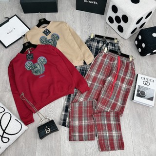 Set Bộ Đồ Nữ In Mickey Đen Áo Nỉ Dài Tay Phối Bo Len Mix Quần Suông Dài Kẻ Caro Dạ Ống Rộng Freesize