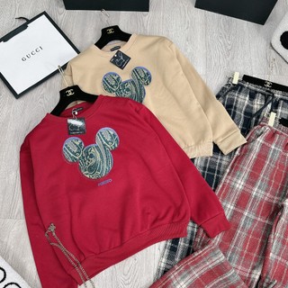 Set Bộ Đồ Nữ In Mickey Đen Áo Nỉ Dài Tay Phối Bo Len Mix Quần Suông Dài Kẻ Caro Dạ Ống Rộng Freesize