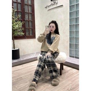 Set Bộ Đồ Nữ In Mickey Đen Áo Nỉ Dài Tay Phối Bo Len Mix Quần Suông Dài Kẻ Caro Dạ Ống Rộng Freesize