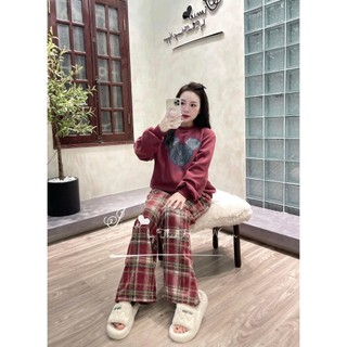 Set Bộ Đồ Nữ In Mickey Đen Áo Nỉ Dài Tay Phối Bo Len Mix Quần Suông Dài Kẻ Caro Dạ Ống Rộng Freesize