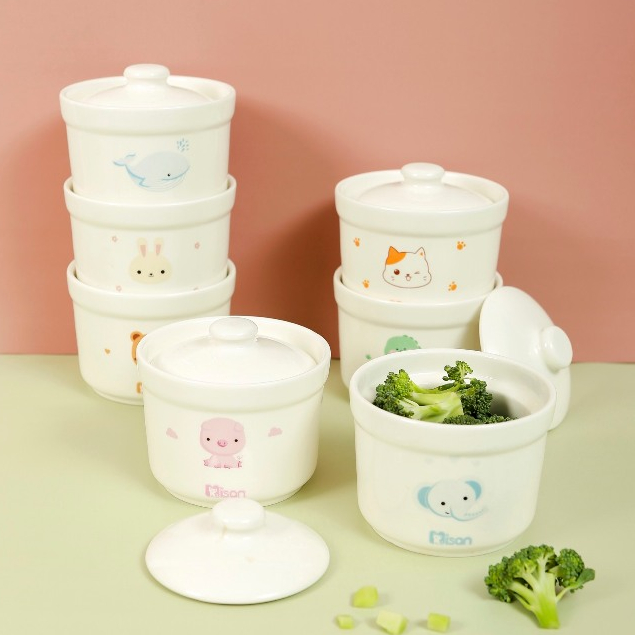 Hình ảnh thực tế Hũ sứ ăn dặm Misan có vạch chia ml kèm 2 nắp bảo quản, Thố sứ ăn dặm chưng yến cho bé dung tích 250ml chính hãng trên Shopee