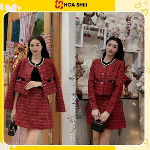 Set Áo Dạ tweed đỏ Hàng 2 Lớp Mix chân váy xòe phong cách sang chảnh Siêu Xinh Kèm