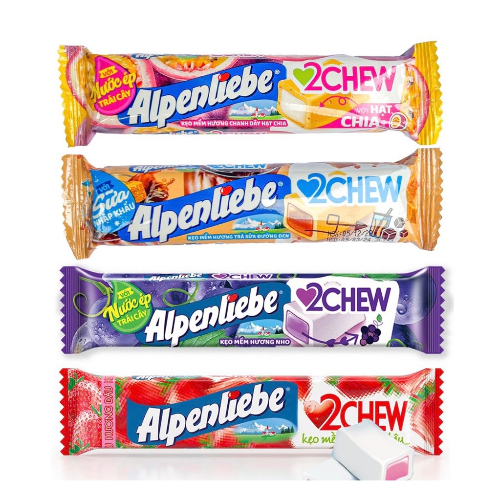 Set 5 Thanh Kẹo Mềm Alpenliebe 2Chew Đủ Vị Dạng Thỏi 24,5g - Hương Dâu, Nho, Chanh Dây Hạt Chia, Trà Sữa Đường Đen