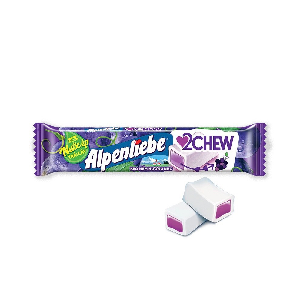 Set 5 Thanh Kẹo Mềm Alpenliebe 2Chew Đủ Vị Dạng Thỏi 24,5g - Hương Dâu, Nho, Chanh Dây Hạt Chia, Trà Sữa Đường Đen