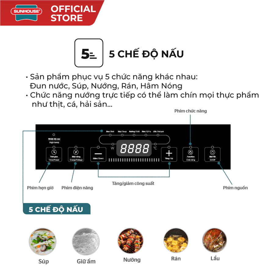 Bếp đơn hồng ngoại Sunhouse SHD6011 - Công suất 2000W - Phím bấm điện tử - 5 chế độ nấu - Bảo hành 12 tháng