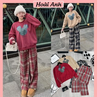 Set Bộ Đồ Nữ In Mickey Đen Áo Nỉ Dài Tay Phối Bo Len Mix Quần Suông Dài Kẻ Caro Dạ Ống Rộng Freesize