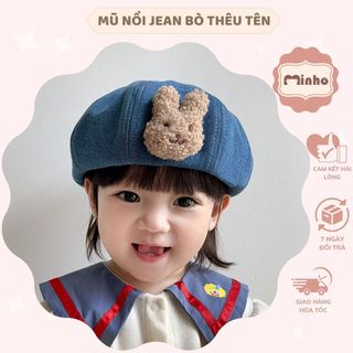 Mũ nồi Jean bò gắn thỏ Thêu Tên cho bé từ 2 đế 6 tuổi phong cách Hàn Quốc