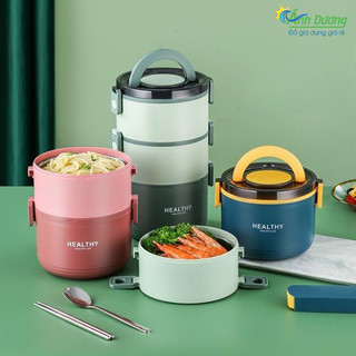 (Có Khay INOX) Hộp Cơm Cà Mên Giữ Nhiệt 3 Tầng Kèm Muỗng Healthy