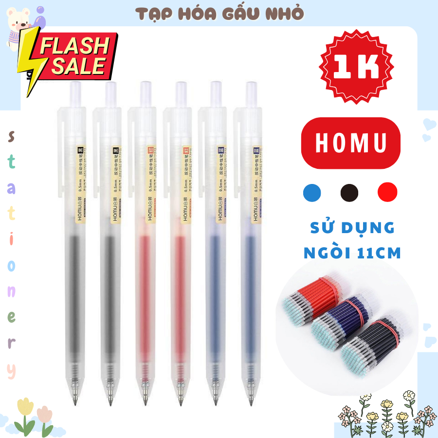 Bút bi mực gel HOMU thân nhám ngòi 0.5mm 3 màu muc Xanh Đỏ Đen mực viết ...