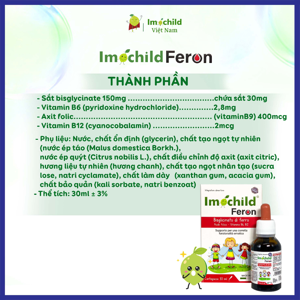 Siro Sắt Hữu Cơ Nhỏ Giọt Cho Bé Từ Sơ Sinh Vị Cherry Imochild Feron Giúp Tạo Máu Lọ 30 ml