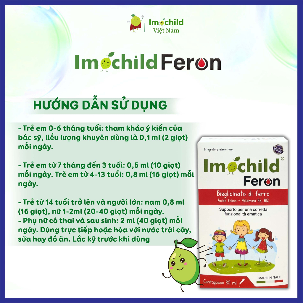 Siro Sắt Hữu Cơ Nhỏ Giọt Cho Bé Từ Sơ Sinh Vị Cherry Imochild Feron Giúp Tạo Máu Lọ 30 ml