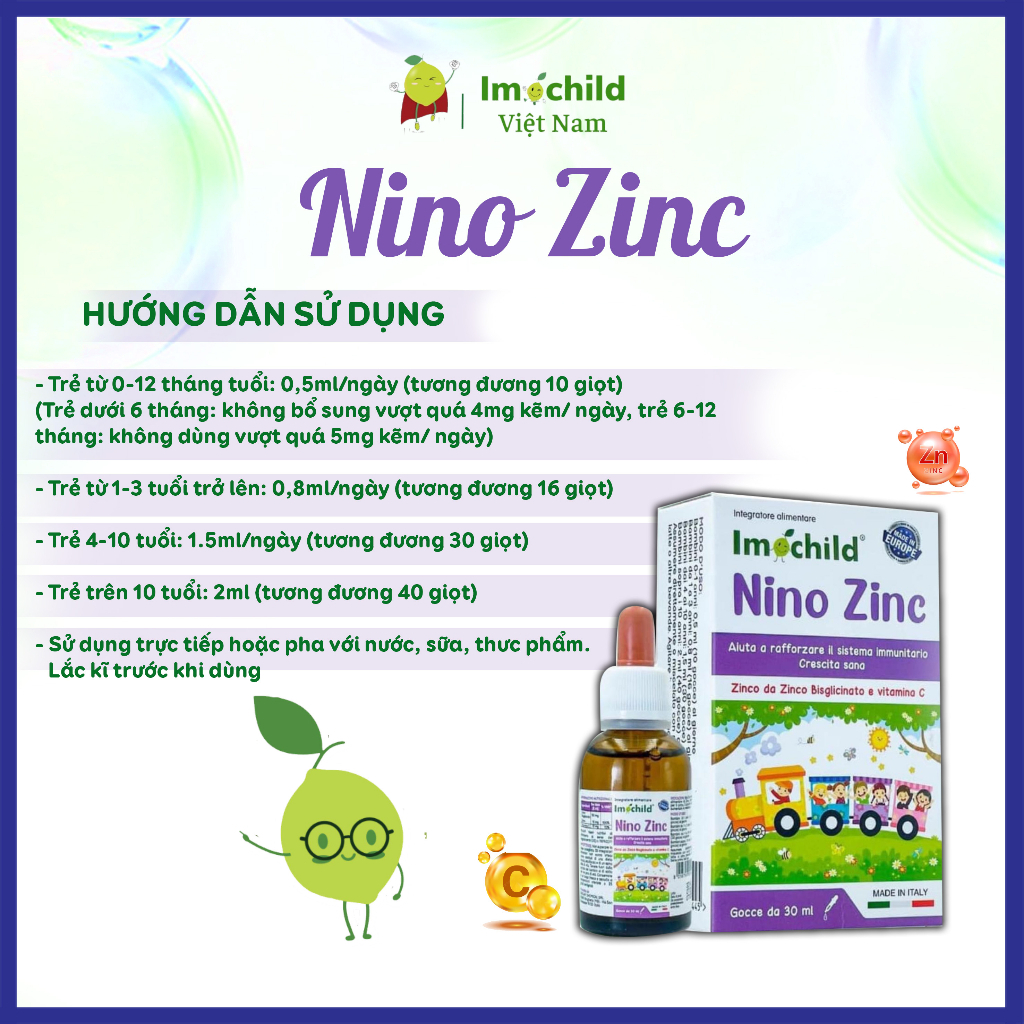 Kẽm Hữu Cơ Nhỏ Giọt ITALIA Cho Bé Từ Sơ Sinh Imochild Nino ZinC Tăng Đề Kháng Khỏe Tiêu Hóa Ăn Ngon