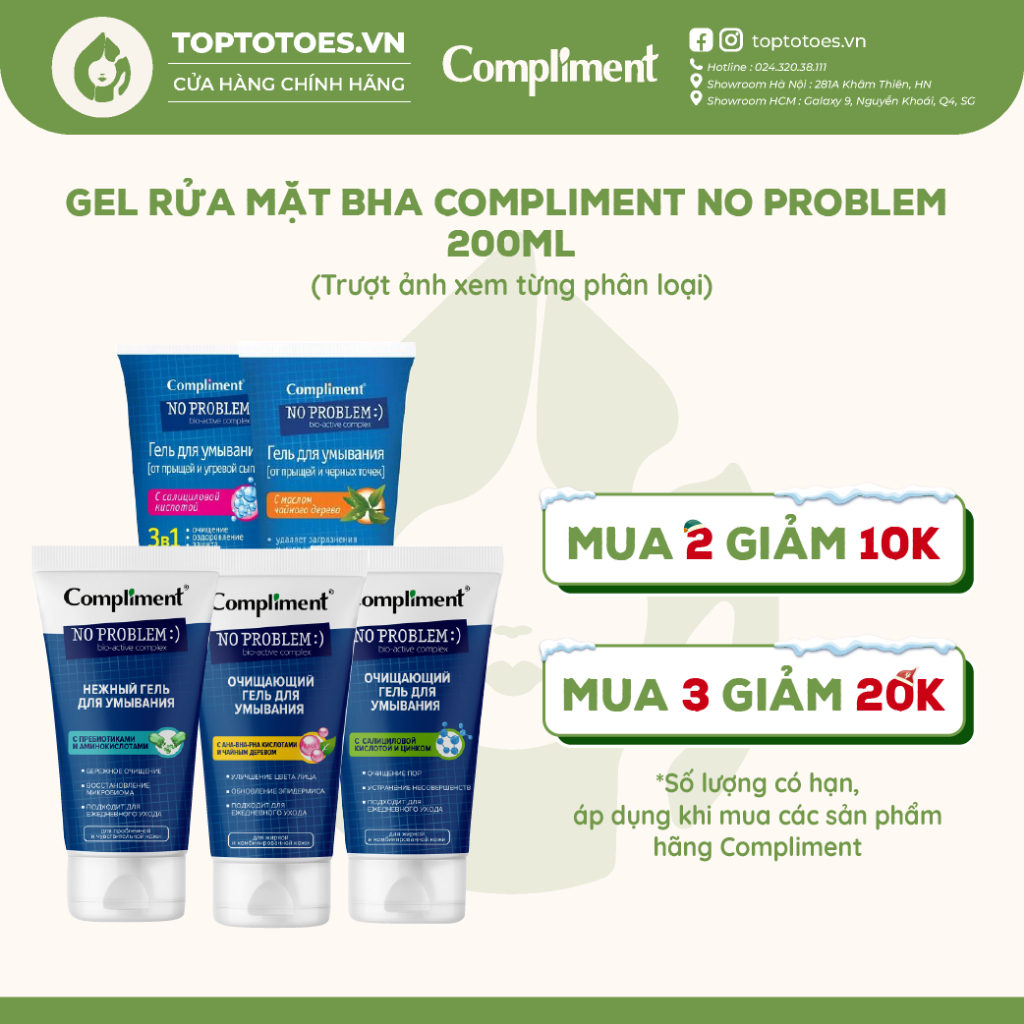 Gel rửa mặt BHA Compliment No Problem làm sạch sâu, giảm viêm & mụn 200ml