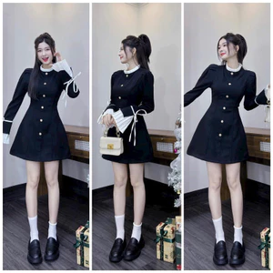 ĐẦM ĐEN NÚT CỔ CAO PHỐI BÈO TRẮNG TAY DẬP LY TRẮNG LOE