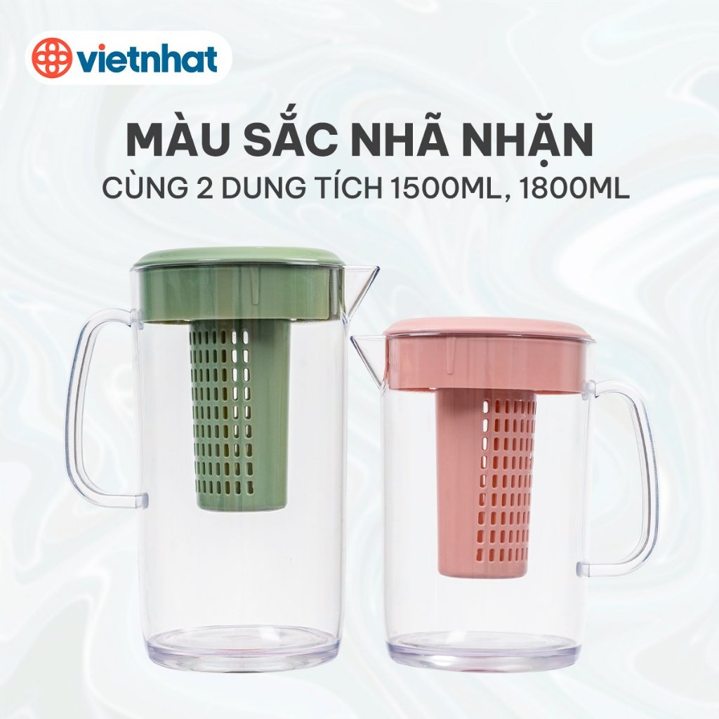 Ca kính có lọc 1800ml, Bình đựng nước, Bình pha trà có lõi lọc tiện dụng Nhựa Việt Nhật cao cấp