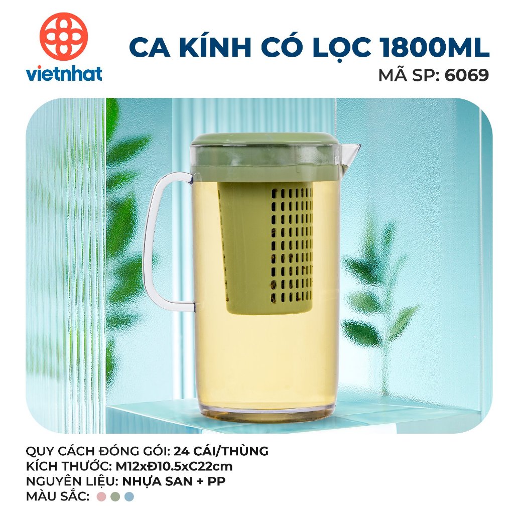 Ca kính có lọc 1800ml, Bình đựng nước, Bình pha trà có lõi lọc tiện dụng Nhựa Việt Nhật cao cấp