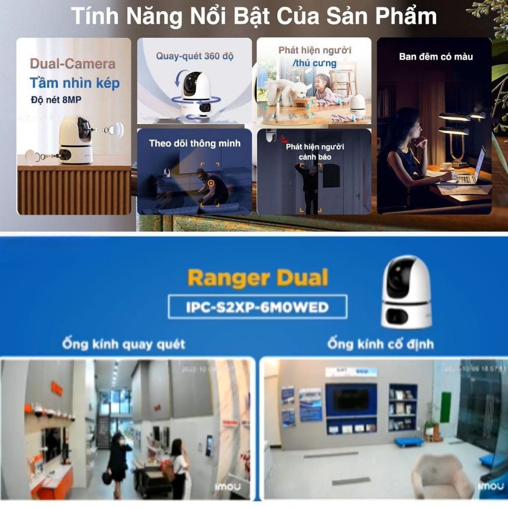Camera 2 mắt IMOU trong nhà S2XP (Ranger Dual) / S2XEP (Ranger Dual Pro) phát hiện cảnh báo còi đèn