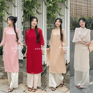 Set áo dài cách tân nữ voan tơ đính hoa cúc ngọc cách điệu HAVANA AD06