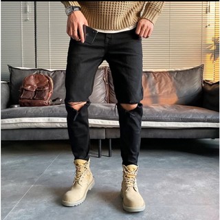 Quần Skinny Jeans Nam AMILY  Màu Đen Rách Gối xẻ phong cách, có dáng slimfit ôm côn vừa tầm